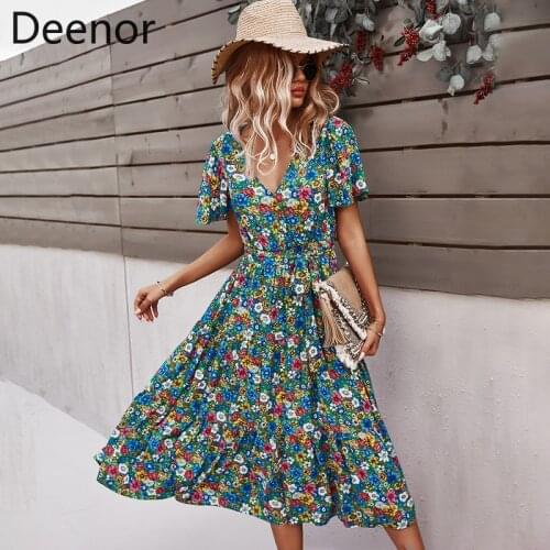 Deenor Elegant Floral Print V Neck Dress Cottagecore Short Sleeve Dresses High Waist Lace Up Vintage Women Summer Dress 2021