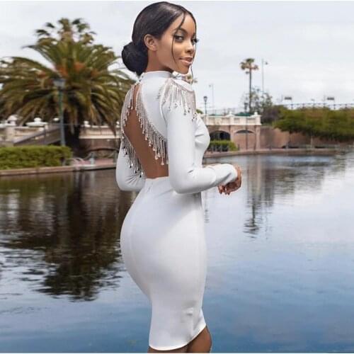 3 Colors Ladies HL Bandage Dress Rhinestone Tassel Sexy Backless Bodycon Mini Dress Birthday Party Fashion Dress