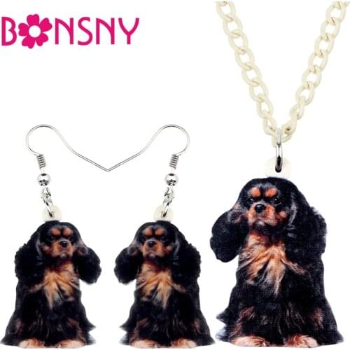 Bonsny Acrylic Jewelry Sets Cute Cavalier King Charles Spaniel Dog Necklace Earrings Fashion Pendant For Women Girls Decoration