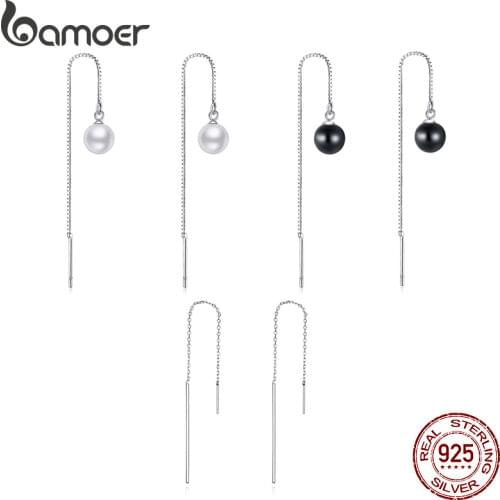 BAMOER Elegant Long Tassel Ear Cords Shell Pearls 925 Sterling Silver Drop Earrings for Women Engagement Ear Jewelry SCE878-B