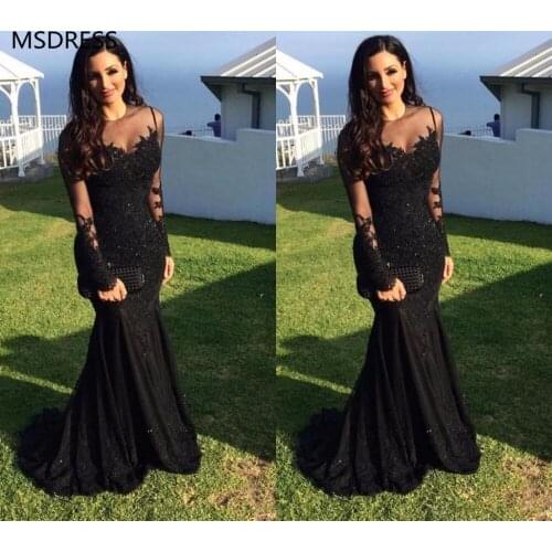 Black Muslim Evening Dresses 2019 Mermaid Long Sleeves Appliques Lace Beaded Islamic Dubai Saudi Arabic Long Formal Evening Gown