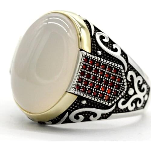 Pure 925 Sterling Silver Men Ring with Natural Big White Agate Stone and Red Zircon Punk Rock Male Ring Turkish Jewelry Gift