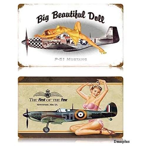 DIBIEUR 2pcs Inches - P-51 & Spitfire Pin-Up GirlVintage Tin Metal Sign Pub Club Cafe Bar Home Wall Art Decoration Poster Retro
