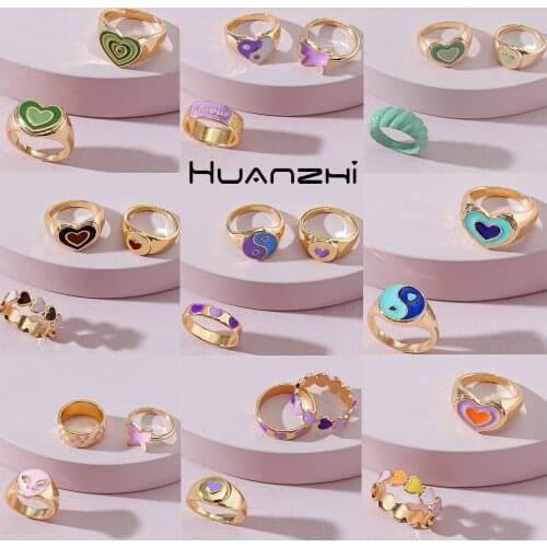 HUANZHI 2021 New Trendy Vintage Colorful Heart Dripping Oil Yin Yang Gossip Metal Rings for Women Couple Jewelry Gifts
