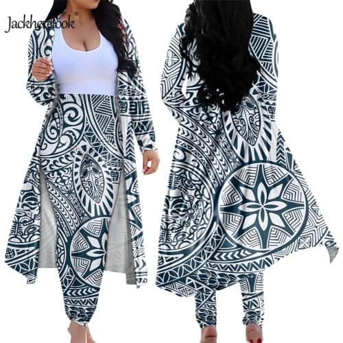Jackherelook Polynesian Style Tribal Tattoo Print Elegant 2 Piece Outfit Spring Autumn Open Front Cardigan Skinny Long Pants Set