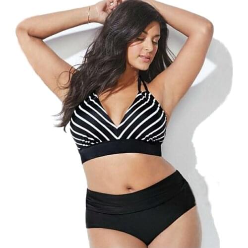 Plus Size Swimwear Women Bikini Set for Big Breasts Swimming Push Up Bikinis Striped High Waisted Bathing Suit Halter Swim Wear