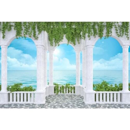 Summer Holiday Seaside Photography Backgrounds Customized Green Leaves Wooden House Photographic Backdrops For Home Photo Studio