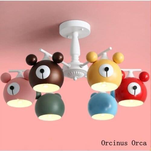 Nordic Modern Simple Colored Bear Chandelier Girls Bedroom Childrens Room Light Cartoon Creative LED Animal Suction Roof Light