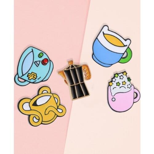 Cartoon Tea Coffee Cup Enamel Pins Game Teapot Brooches Lapel Pin Denim Clothes Badges Fun Jewelry Gift For Barista Friends Kids