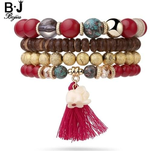 BOJIU Bohemia Resin Charm Bracelet Set For Women Gold Color Beaded Bar Bracelet Sets of 4pcs Womens Bracelets BCSET11