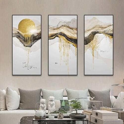 Chinese Style Landscape Golden Mountain Sunrise Poster Wall Art Picture Canvas Painting for Room Porch Home Cuadros Decoration