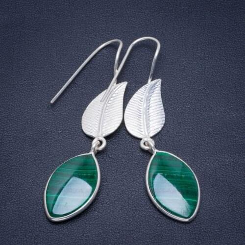 Natural Malachite Handmade Unique Leaf 925 Sterling Silver Earrings 2.25" B2893