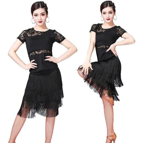 New Fashion Sexy Tassel 2019 Plus Size Women Dance Wear Salsa Samba Dresses Short Sleeves Floral Lace Girls Latin Dance Dress