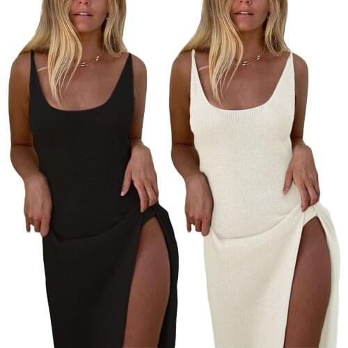 Solid Color Knitted Beach Dress Women Close-fitting Backless Slip Dresses Sexy U-shaped Collar Sleeveless High Slit Long Vestido