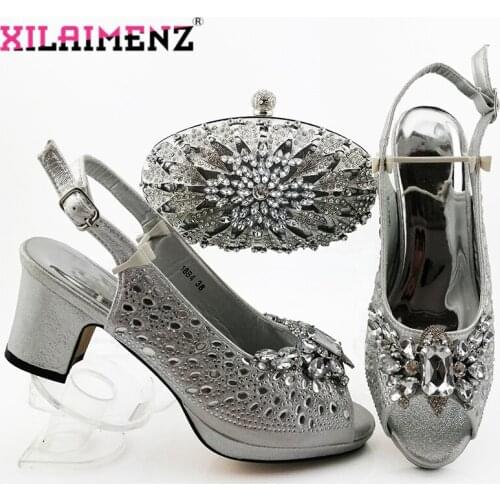 2019 Autumn Elegant Style Nigerian Women Shoes and Bag to Match Silver Color High Quality Christmas Party Shoes Matching Bag