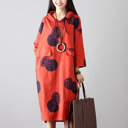 Vestidos Oversized Women Loose Dress Autumn Winter Fashion Vintage Print Hooded Dress Pullover Long Sleeve Hoodies Dress RE2169