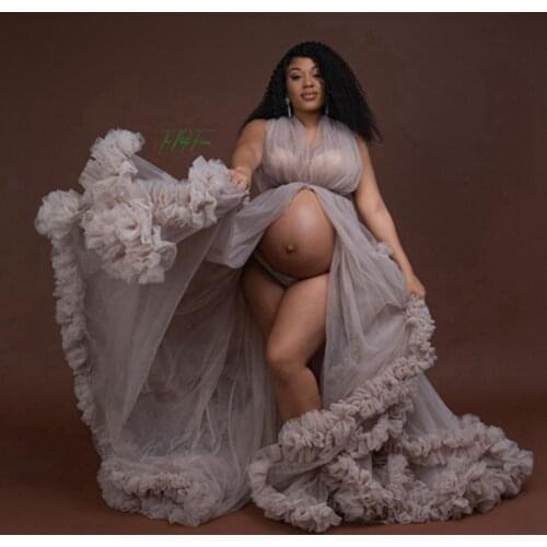 Plus Size See Thru Tulle Maternity Dress Long Robe Sexy V-neck Ruffles Pregnanct Women Gowns Elegant Long Baby Shower Dresses