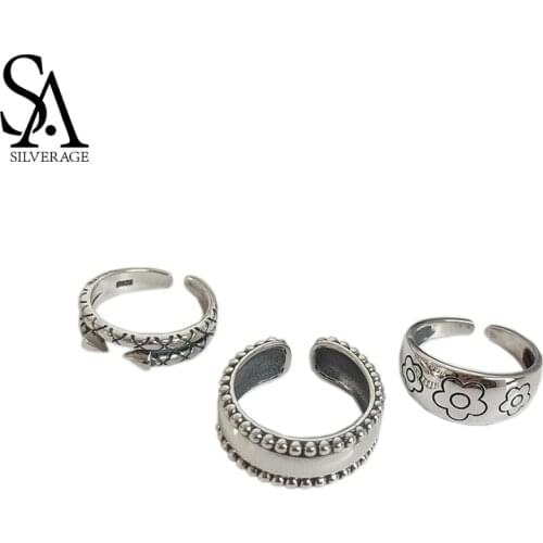 SA SILVERAGE 925 Silver Flower Index Finger Opening Ring Female Ins Tide Fashion Retro Personality Scenery Design Fine Jewelry