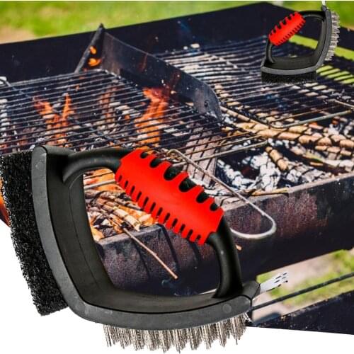 3-in-1 Barbecue Grill Brush BBQ Clean Tool Handheld Stainless Steel Wire Bristles Cleaning Brush Outdoor BBQ Accessories