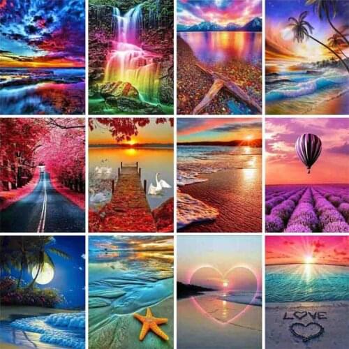 Yumeart DIY Diamond Painting Cross Stitch Seaside Scenery Square Diamond Embroidery Picture Rhinestone Sunset Mosaic Wall Decor