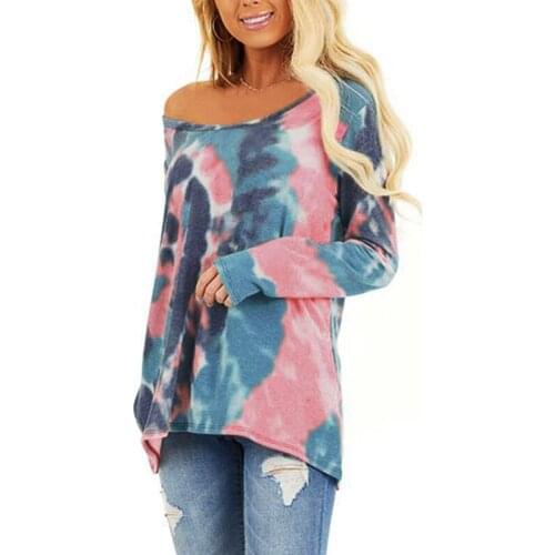 Womens Casual Round Neck Tie-Dye Print Long Sleeve T-shirt Top Gray XXL Size