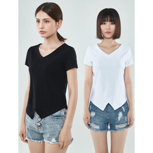 Women Soft Cotton T-shirt V-NECK Solid color Lady Tees Short Sleeve Summer Womens clothings All match Female T-shirts