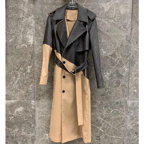 England style Womens Trench coat High quality sheepskin Real leather patchwork overcoat C490