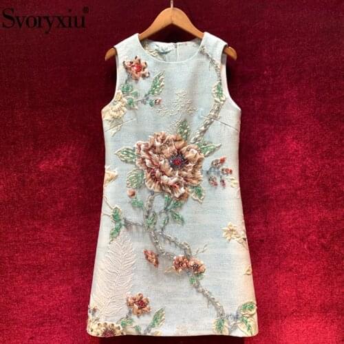 Svoryxiu Runway Vintage Rose Flower Print Jacquard Sleeveless Dress Womens High End Beading Autumn Winter Party A Line Dresses