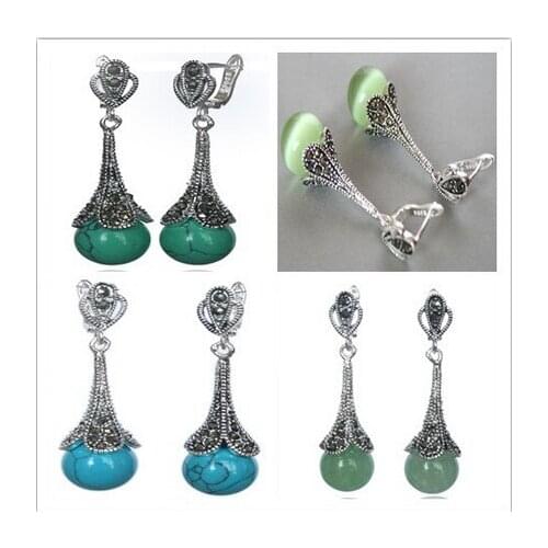 4 styles 925 A NATURAL 10MM GREEN /OPAL/ BLUE BEADS MARCASITE EARRINGS can choose
