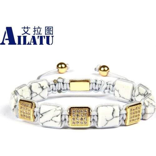 Ailatu Men Bracelet 10x10mm Mix Color White Howlite Flat Stone Beads Macrame Ornament Jewelry Wholesale 10 Pieces