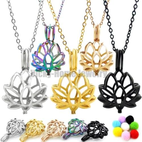 Chains as Gift! 25mm*36mm*15mm Lotus Steel Essential Oils Cage Diffuser Locket Perfume Aroma Locket Made by 316L Stainless Steel