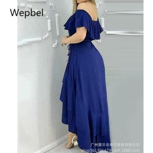 Wepbel Irregular Hem Long Dress Blue Women Dress High Waist Slash Collar Off-Shoulder Dresses Solid Color Ruffle Big Swing