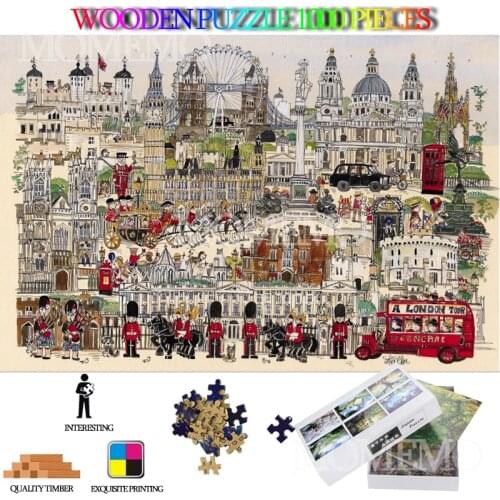 Impression London 1000 Pieces Puzzles Wooden Jigsaw Puzzle Interesting Cartoon Painting DIY Assembly Puzzle Toys for Adults Kids