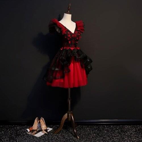 100%real red and black ruffled sleeve cartoon cosplay gown short dress Medieval dress Renaissance gown court Victoria dress