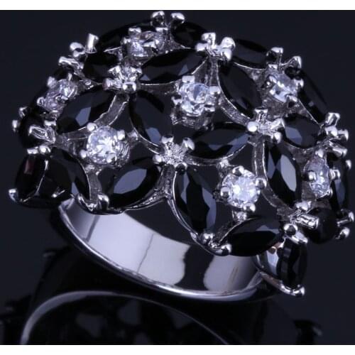 Good-Looking Black Cubic Zirconia White CZ Silver Plated Ring V0497