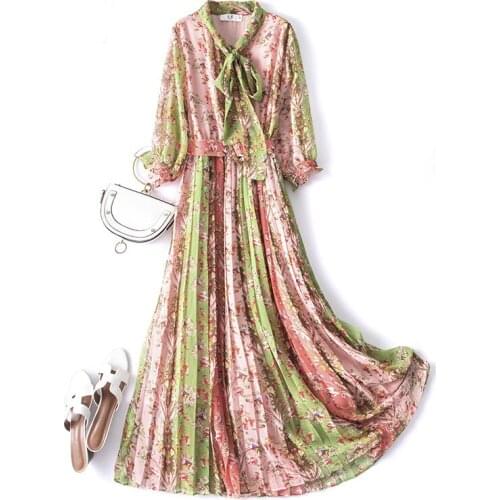 4XL 5XL 2020 summer women bow collar belt long chiffon plus size pleated dress girls sweet floral printed boho dresses JC117