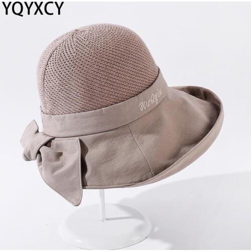 YQYXCY Summer Hats For Women Knitted Sun Hat Female Outdoor Sunscreen Sunshade Big Bow Foldable Fashion Korean Cloth Sunhat
