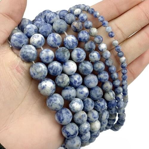 MKTREG Natural Matte Sodalite Bule Spot White Stone Round Loose bead 4/6/8/10/12MM Charm Jewelry bracelet making accessories DIY