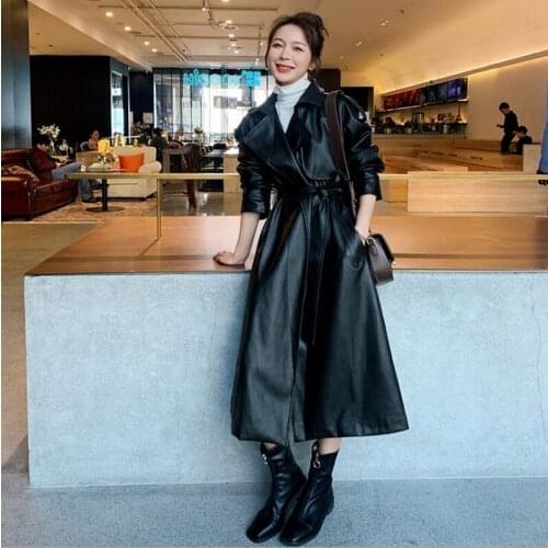 Fashion Long black leather trench coat for women long sleeve belt lapel Women fashion 2021 Luxury spring British Style outerwear