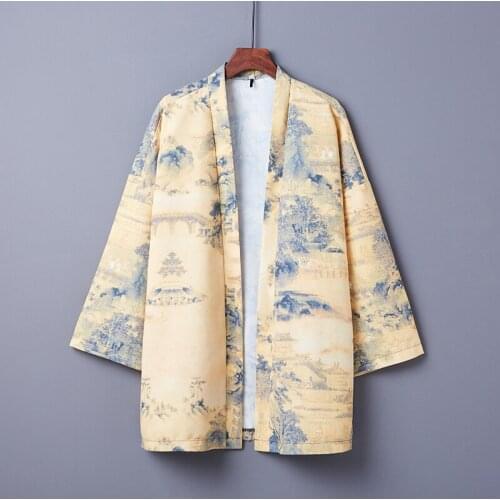 #5022 Summer Sunscreen Jacket Men Loose Casual Vintage Printed Jacket Thin Kimono Outerwear Coat Open Stitch Men Kimono Coat