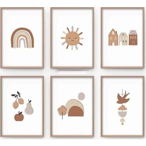 Neutral Nursery Poster Wall Art Canvas Earthy Organic Tones Baby Sun Rainbow Print Painting Room Decoration Picture Wall Decor