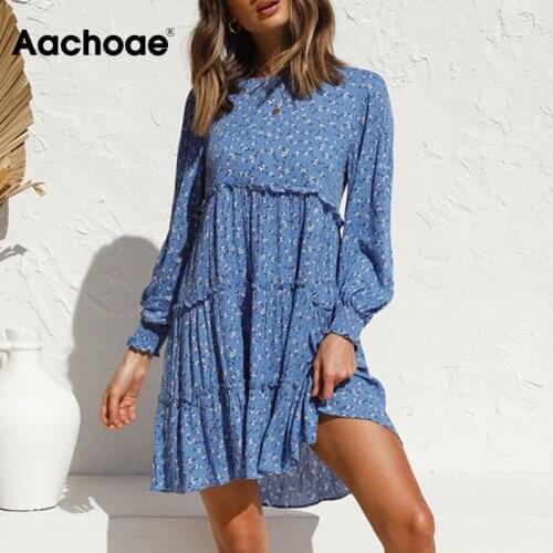 Aachoae Women O Neck Ruffles Chic Dresses 2021 Floral Print Beach Mini Dress Female Loose Long Sleeve Bohemian Holiday Dress