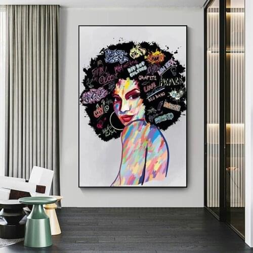 Portrait of Black Woman Face Graffiti Art Paintings on the Wall Art Posters and Prints Abstract African Art Home Wall Decoration