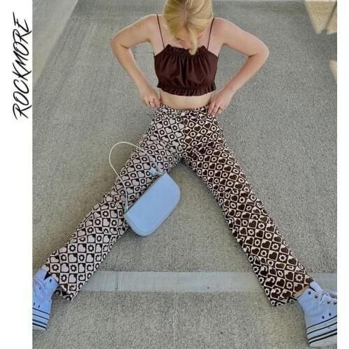 Rockmore Floral Plaid High Waist WomenS Jeans 90s Streetwear Baggy Leg Trousers Y2K Mom Boyfriend Pants Vintage Denim Capris