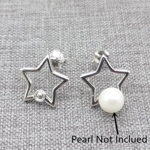 2prs of 925 Sterling Silver Star Stud Earring Settings Rhodium Plated for Pearl