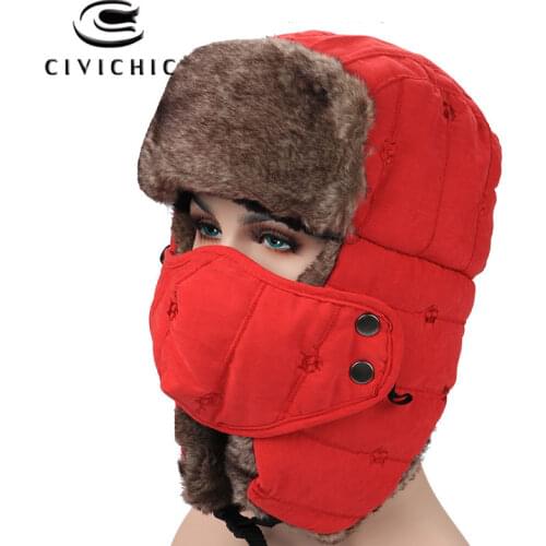 CIVICHIC Thick Outdoor Skullies Beanies Winter Women Men Fleece Warm Hat Mask 2 PCS Embroidery Headwear Faux Fur Wool Cap SH139