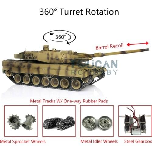 Henglong 1/16 TK7.0 Leopard2A6 RC Tank 3889 360° Turret Barrel Recoil Metal Track TH17635