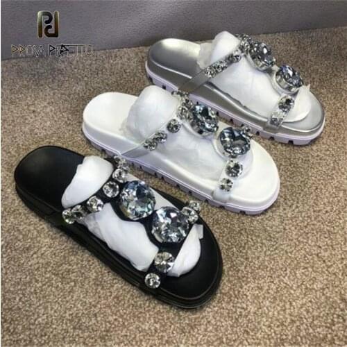 Soft bottom comfortable rhinestone low heel platform slippers summer black and white all-match beach sandals and slippers women