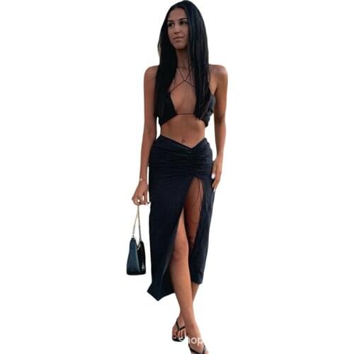 European and American style2021Spring new womens halter navel short vest fashion slim fit slit long skirt suit for women