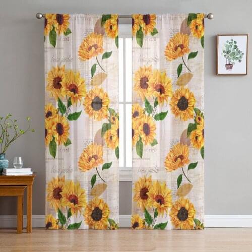Sunflowers Vintage Newspaper Sheer Curtains for Living Room Bedroom Kitchen Tulle for Windows Voile Yarn Curtains for Bedroom